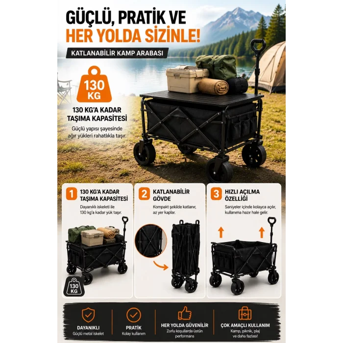 Piknik Kamp Arabası Masalı Geniş Tekerlekli Taşıma ve Yük Arabası 130 Kg