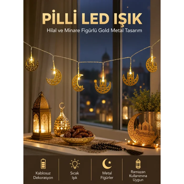 Pilli Minareli Hilal LED Işık Gold Metal Ramazan Dekorasyonu