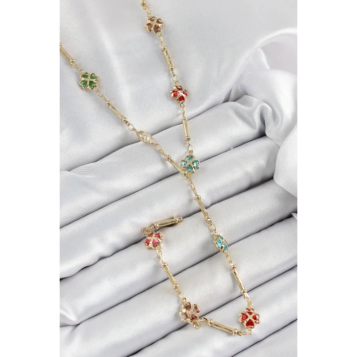 Pirinç Asorti Kalpli Yonca Model Gold Renk Zirkon Taşlı Y Kolye