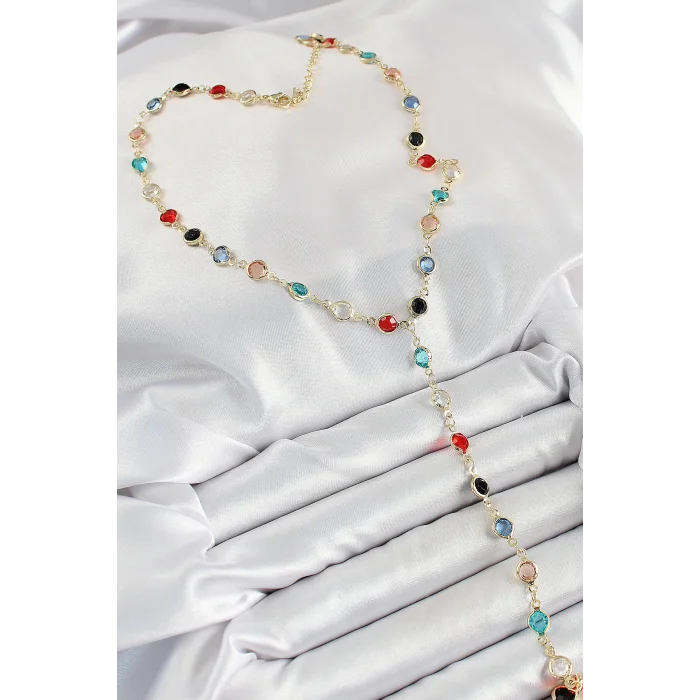 Pirinç Asorti Model Gold Renk Zirkon Taşlı Y Kolye