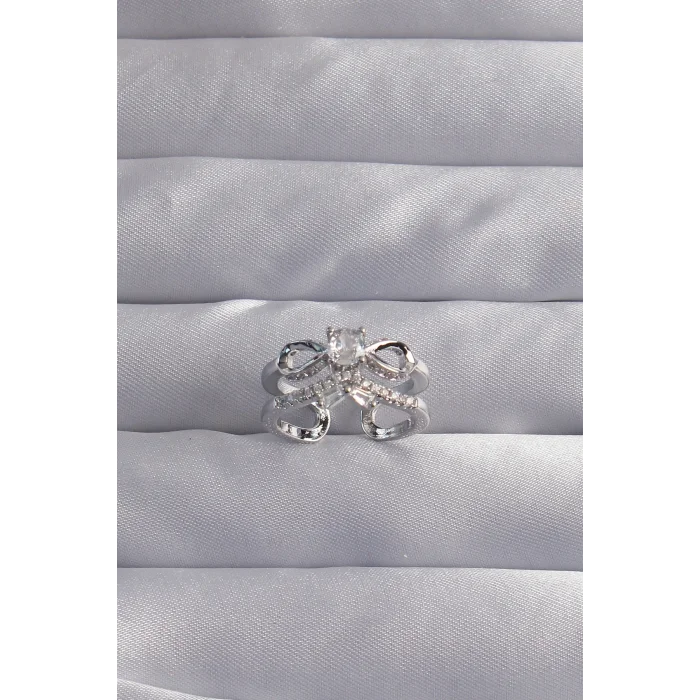 Pirinç Ayarlamalı Gümüş Renk Zirkon Taşlı 2li Görünüm Fiyonk Yüzük