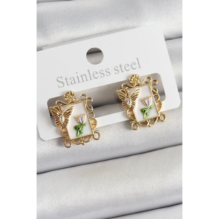 Pirinç Beyaz Mineli Sanatsal Portre Model Gold Renk Kadın Küpe