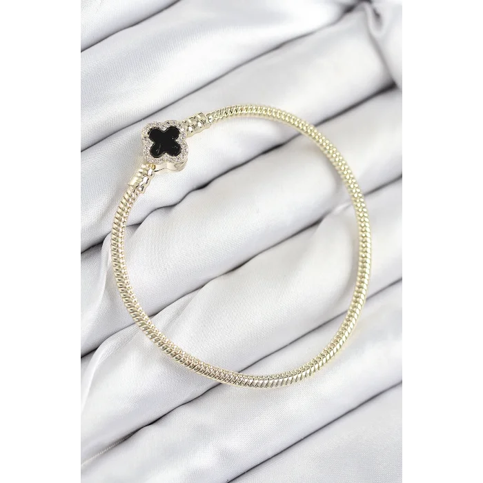 Pirinç Charm Zirkon Taşlı Yonca Model Gold Renk Kadın Bileklik