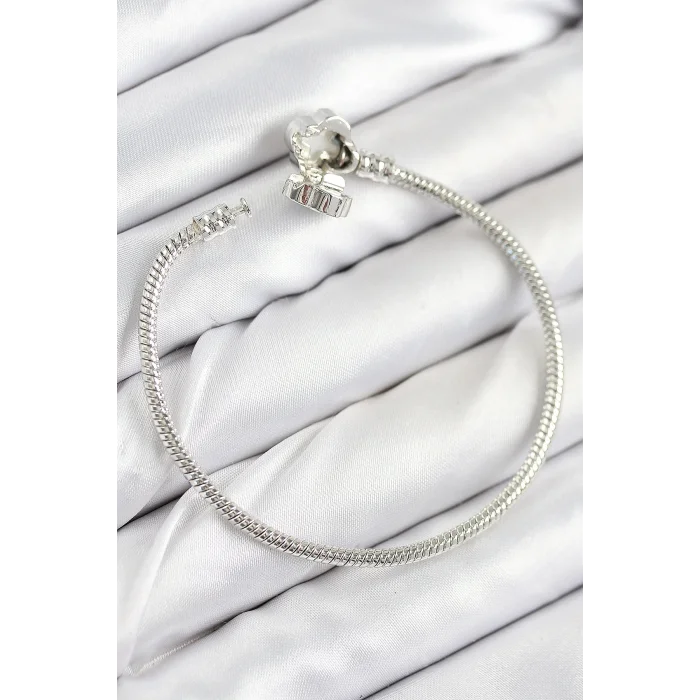 Pirinç Charm Zirkon Taşlı Yonca Model Gümüş Renk Kadın Bileklik
