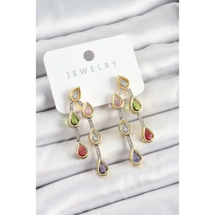 Pirinç Çoklu Damla Model Karşık Zirkon Taşlı Gold Ve Gümüş Renk Kadın Küpe