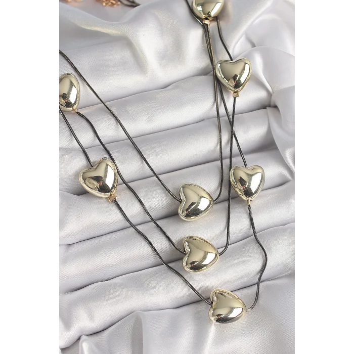 Pirinç Füme Renk Zincir 3D Gold Renk Kalp Model Kadın Kolye