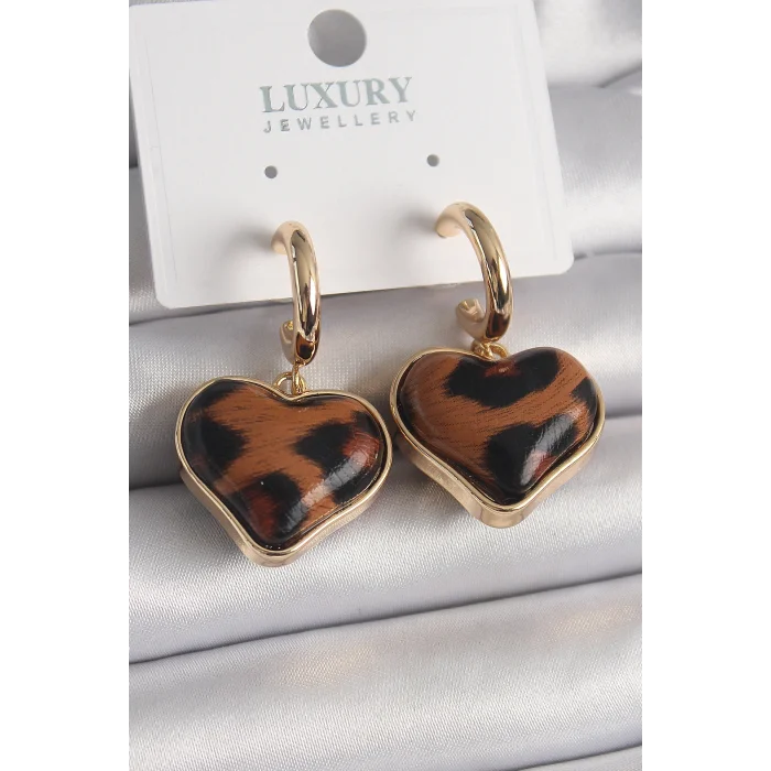 Pirinç Gold Renk 3D Kalp Leopar Desen Model Kadın Küpe