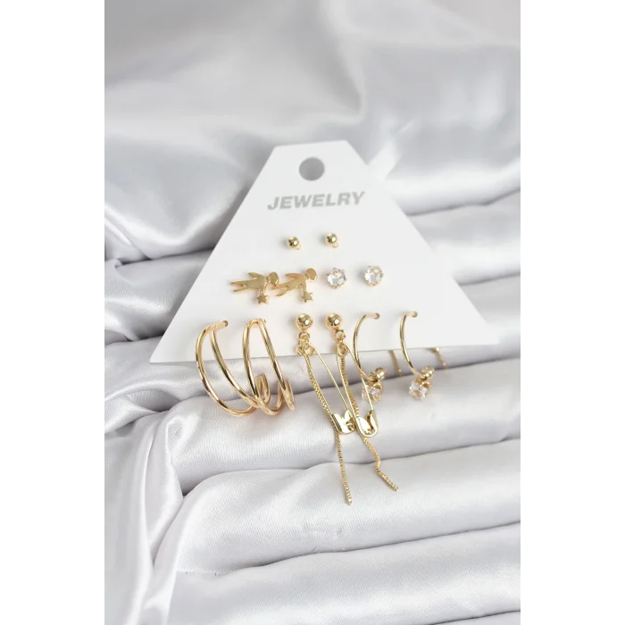 Pirinç Gold Renk 6 Çiftli Kadın Küpe Seti