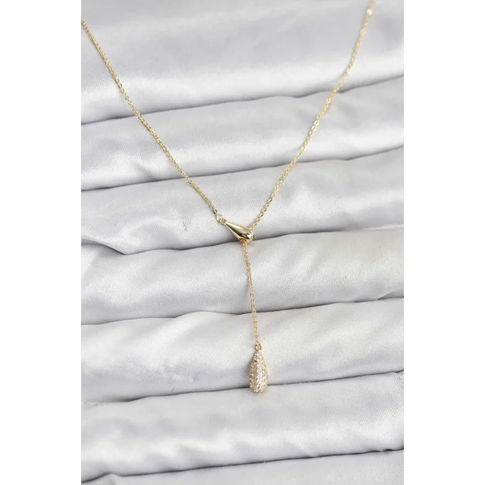 Pirinç Gold Renk Asansörlü Damla Model Kadın Kolye
