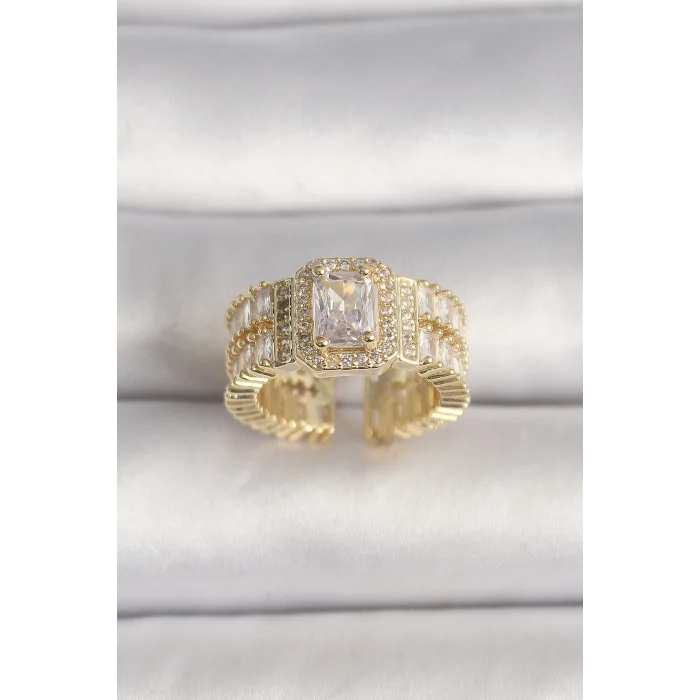 Pirinç Gold Renk Ayarlanabilir Baget Zirkon Taş Model Kadın Yüzük