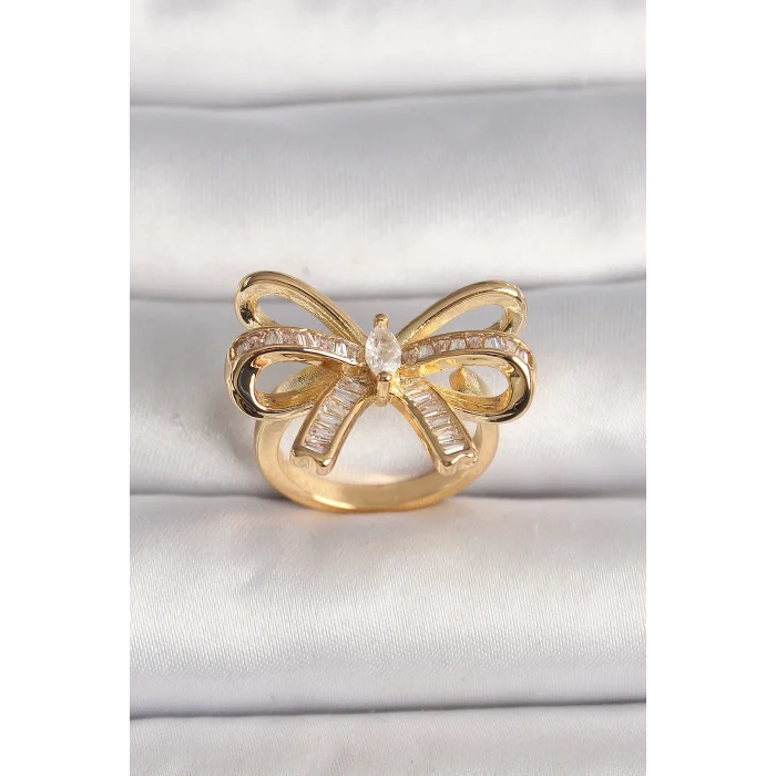 Pirinç Gold Renk Ayarlanabilir Zirkon Taşlı Kurdele Model Kadın Yüzük