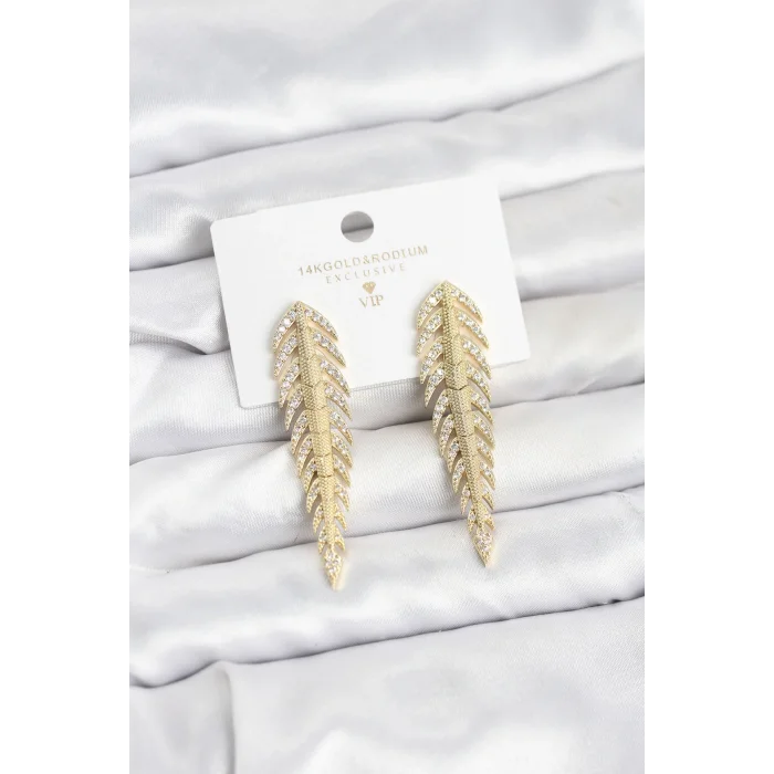 Pirinç Gold Renk Balık Sırtı Model Zirkon Taşlı Kadın Küpe