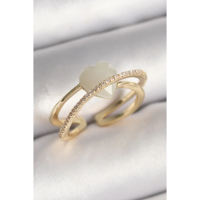 Pirinç Gold Renk Beyaz Kristal Kalp Model Zirkon Taş Detay Kadın Yüzük