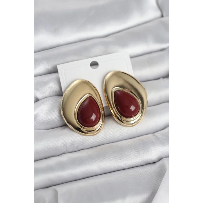Pirinç Gold Renk Bordo Taşlı Damla Model Vintage Kadın Küpe