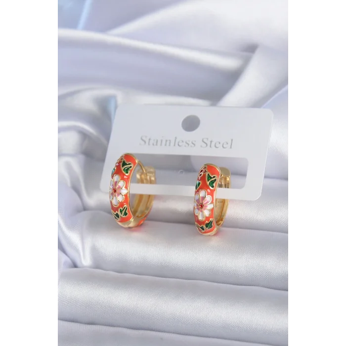 Pirinç Gold Renk Çiçek İşleme Turuncu Kadın Küpe