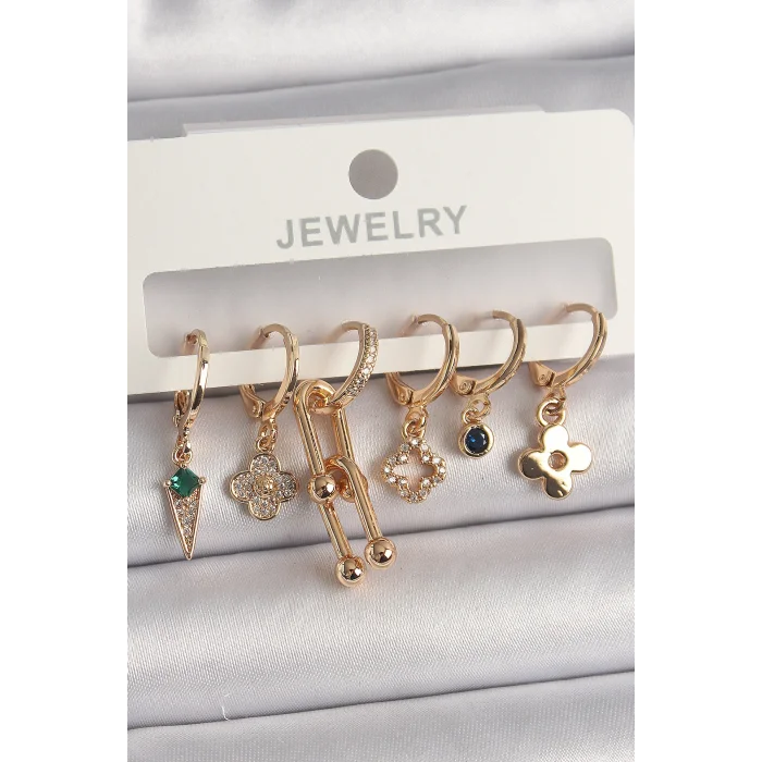 Pirinç Gold Renk Çoklu Figür Kadın Küpe Seti