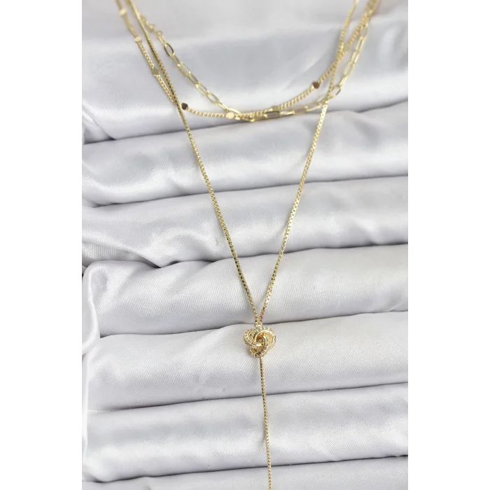 Pirinç Gold Renk Düğüm Model Detaylı 3lü Kombin Y Kadın Kolye