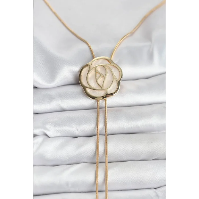 Pirinç Gold Renk Gül Model Asansörlü Kadın Kolye