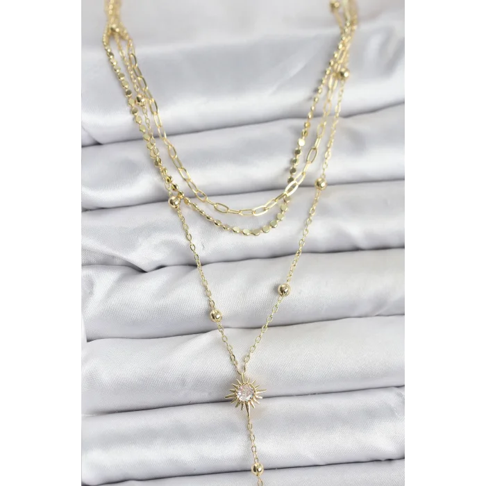 Pirinç Gold Renk Güneş Model Detaylı 3lü Kombin Y Kadın Kolye