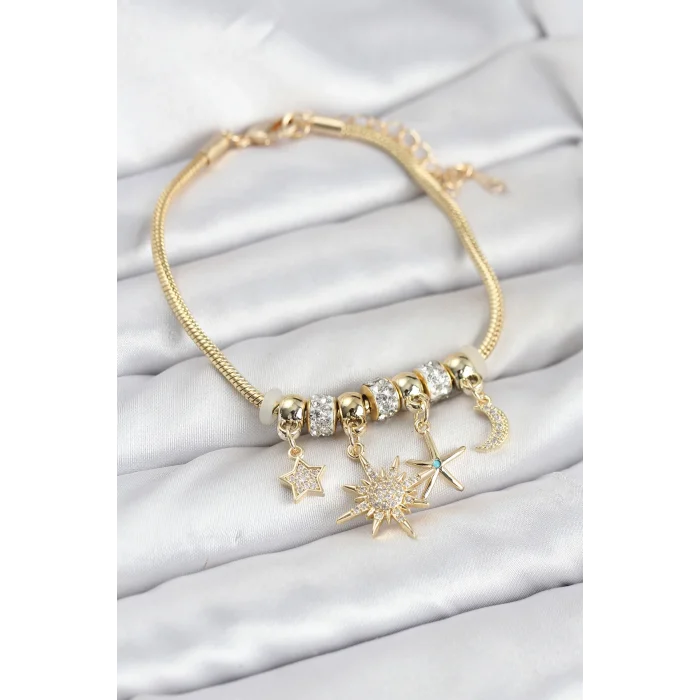 Pirinç Gold Renk Güneş Tema Charmlı Kadın Bileklik