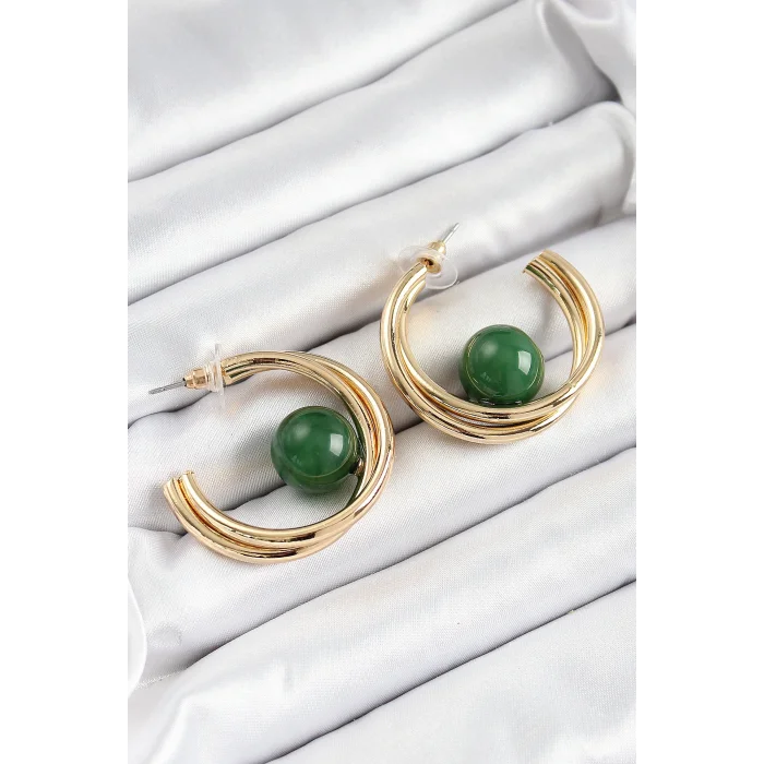 Pirinç Gold Renk Halka Model Yeşil Boncuk Detay Kadın Küpe