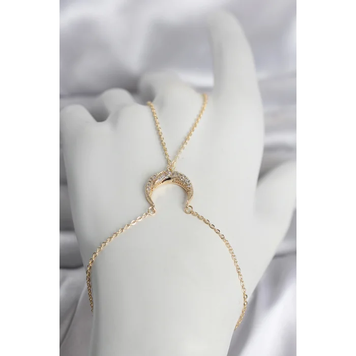 Pirinç Gold Renk Hilal Model Zirkon Taşlı Kadın Şahmeran