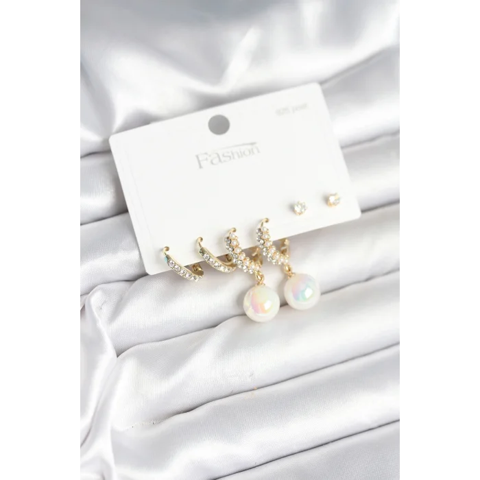 Pirinç Gold Renk İncili 925 Ayar Gümüş Çivi Kadın Küpe Seti