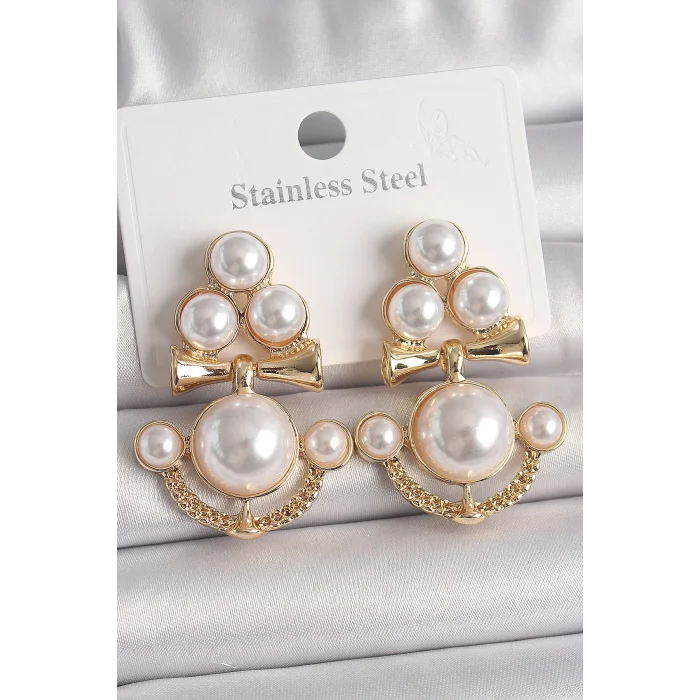 Pirinç Gold Renk İncili Çapa Model Kadın Küpe