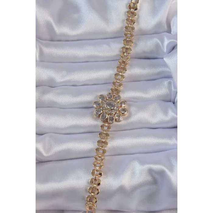 Pirinç Gold Renk İri Zirkon Taşlı Çiçek Figürlü Bileklik