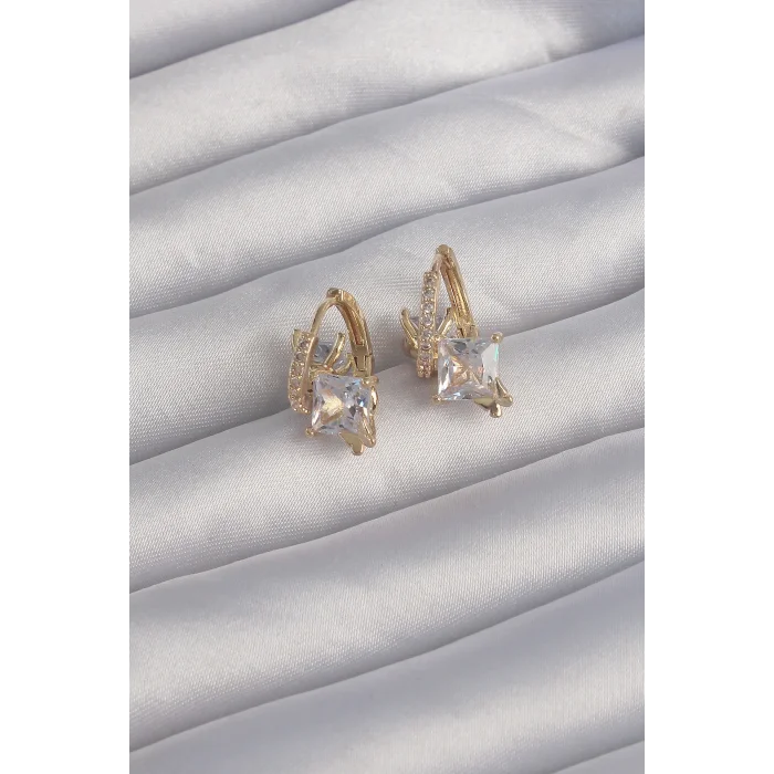 Pirinç Gold Renk İri Zirkon Taşlı Kıvrımlı Minimal Kelebekli Halka Küpe