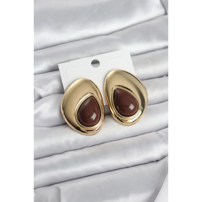 Pirinç Gold Renk Kahverengi Taşlı Damla Model Vintage Kadın Küpe