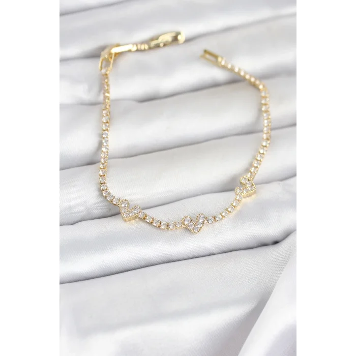 Pirinç Gold Renk Kalp Model Zirkon Taşlı Su Yolu Kadın Bileklik