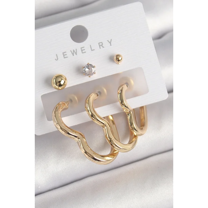 Pirinç Gold Renk Kalp Model Zirkon Taşlı Topçuk Detay Kadın Küpe Seti