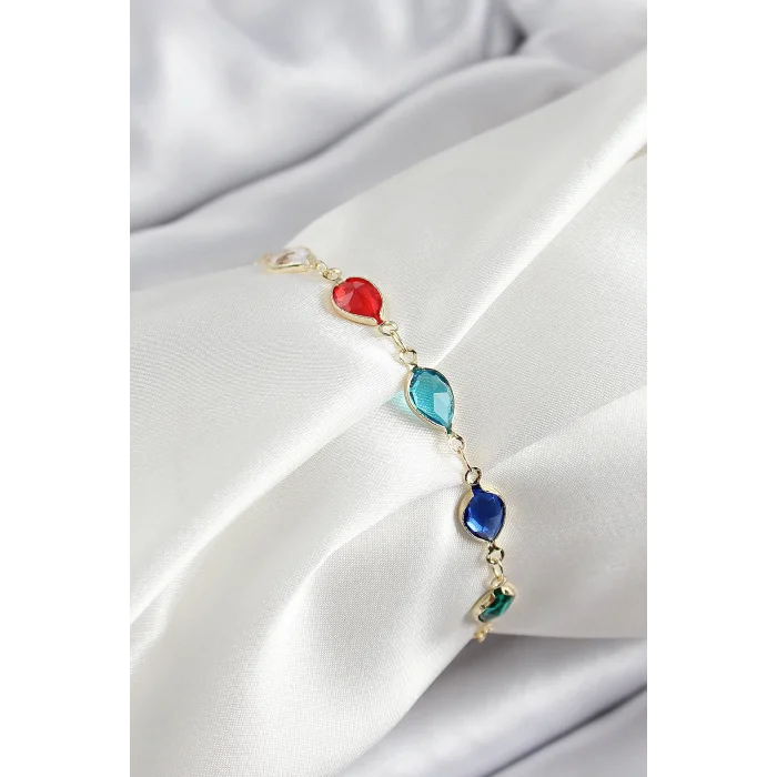 Pirinç Gold Renk Karışık Renk Damla Zirkon Taşlı Kadın Bileklik