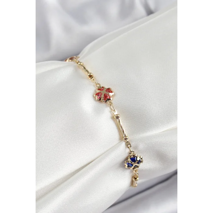 Pirinç Gold Renk Karışık Renk Yonca Zirkon Taşlı Kadın Bileklik