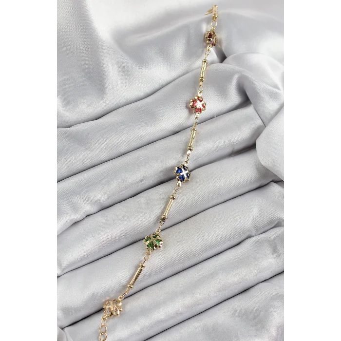 Pirinç Gold Renk Karışık Renk Yonca Zirkon Taşlı Kadın Bileklik