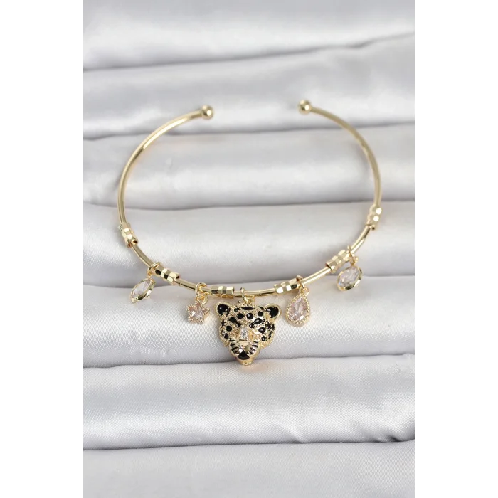 Pirinç Gold Renk Leopar Detaylı Charmlı Kadın Bileklik