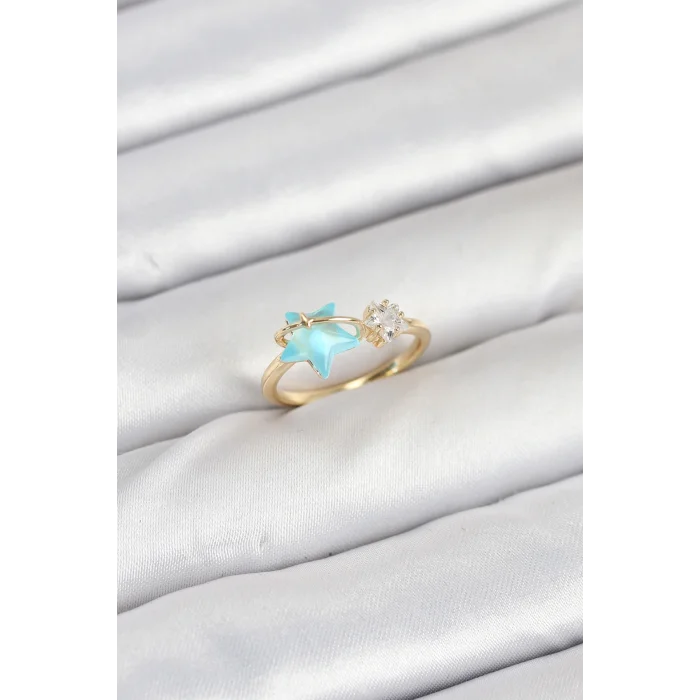 Pirinç Gold Renk Mavi Yıldızlı Model Kadın Yüzük