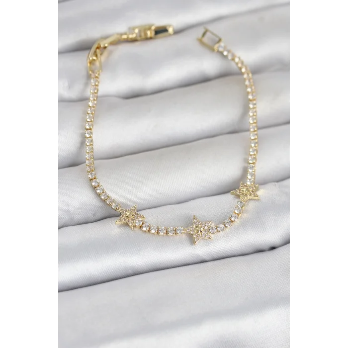 Pirinç Gold Renk Minimal Yıldız Model Zirkon Taşlı Su Yolu Kadın Bileklik