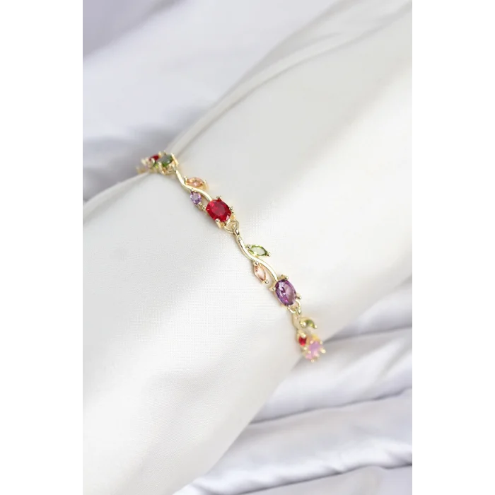Pirinç Gold Renk Mix Renk Zirkon Taşlı Çiçek Model Kadın Bileklik