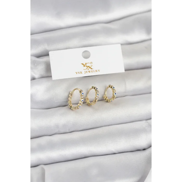 Pirinç Gold Renk Nazarlı Model 3lü Kadın Küpe