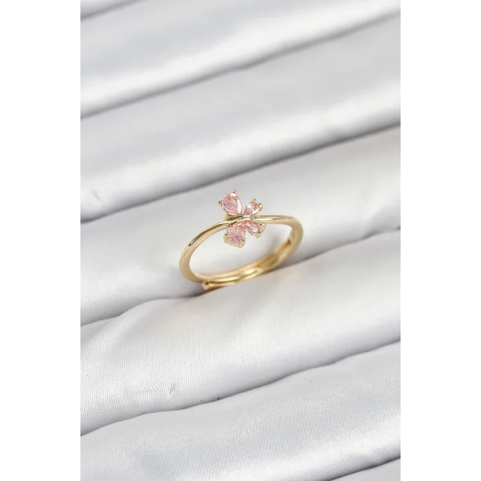 Pirinç Gold Renk Pembe Kelebek Kadın Yüzük