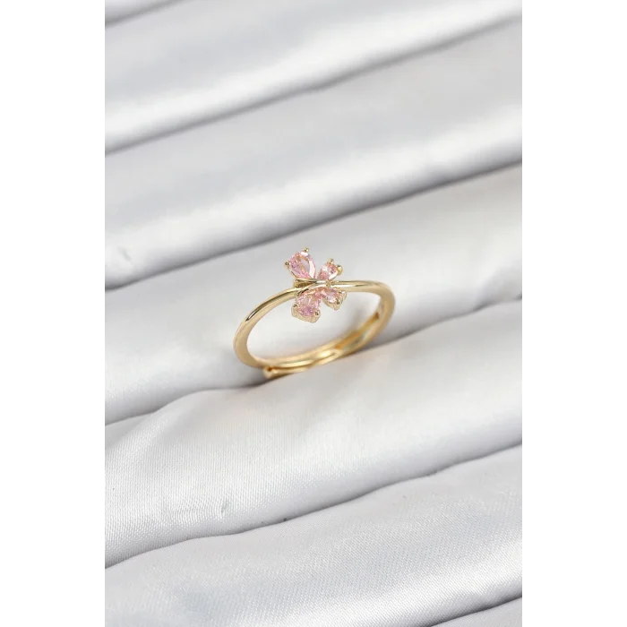 Pirinç Gold Renk Pembe Kelebek Kadın Yüzük