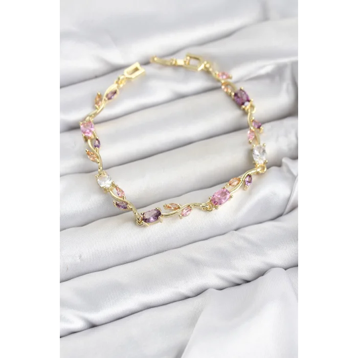 Pirinç Gold Renk Pembe ve Mor Zirkon Taşlı Çiçek Model Kadın Bileklik