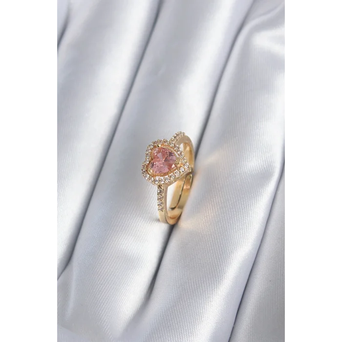 Pirinç Gold Renk Pembe Zirkon Taş Kalp Charm Model Kadın Yüzük