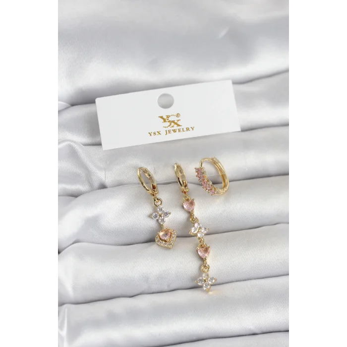 Pirinç Gold Renk Pembe Zirkon Taşlı 3lü Kadın Küpe