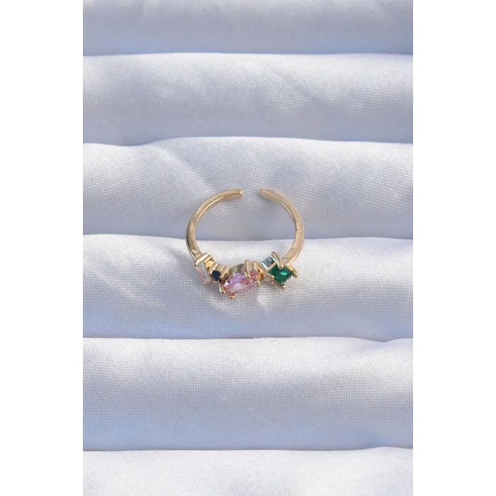 Pirinç Gold Renk Renkli Zirkon Taşlı Ayarlanabilir Yüzük