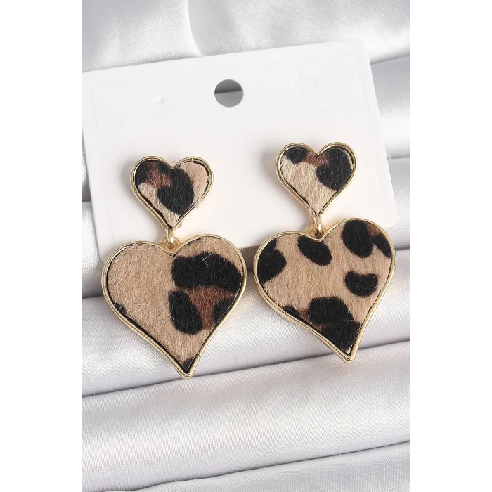 Pirinç Gold Renk Sallantı Leopar Kalp Model Kadın Küpe