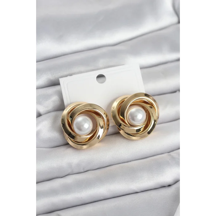 Pirinç Gold Renk Sarmal Model İncili Kadın Küpe
