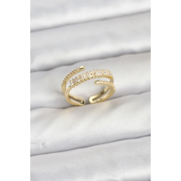 Pirinç Gold Renk Sıralı Baget Zirkon Taşlı Kadın Yüzük